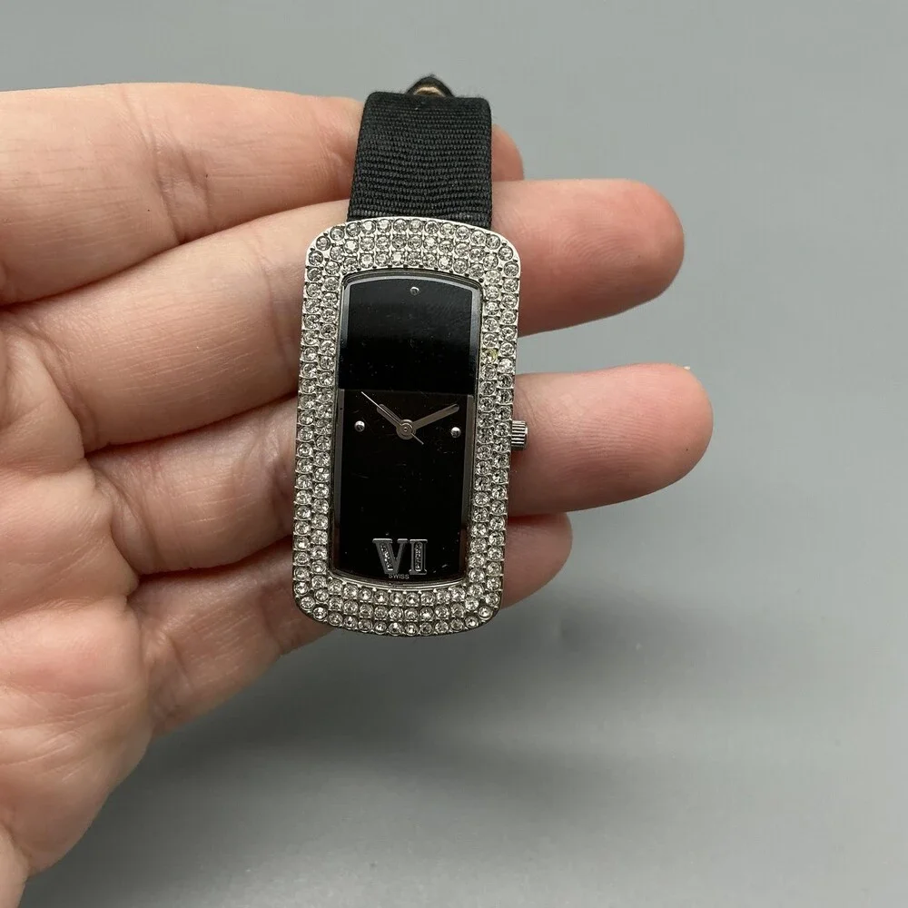 Montrex Womens Watch 20mm Black Dial Crystal Bezel Black Leather New Battery